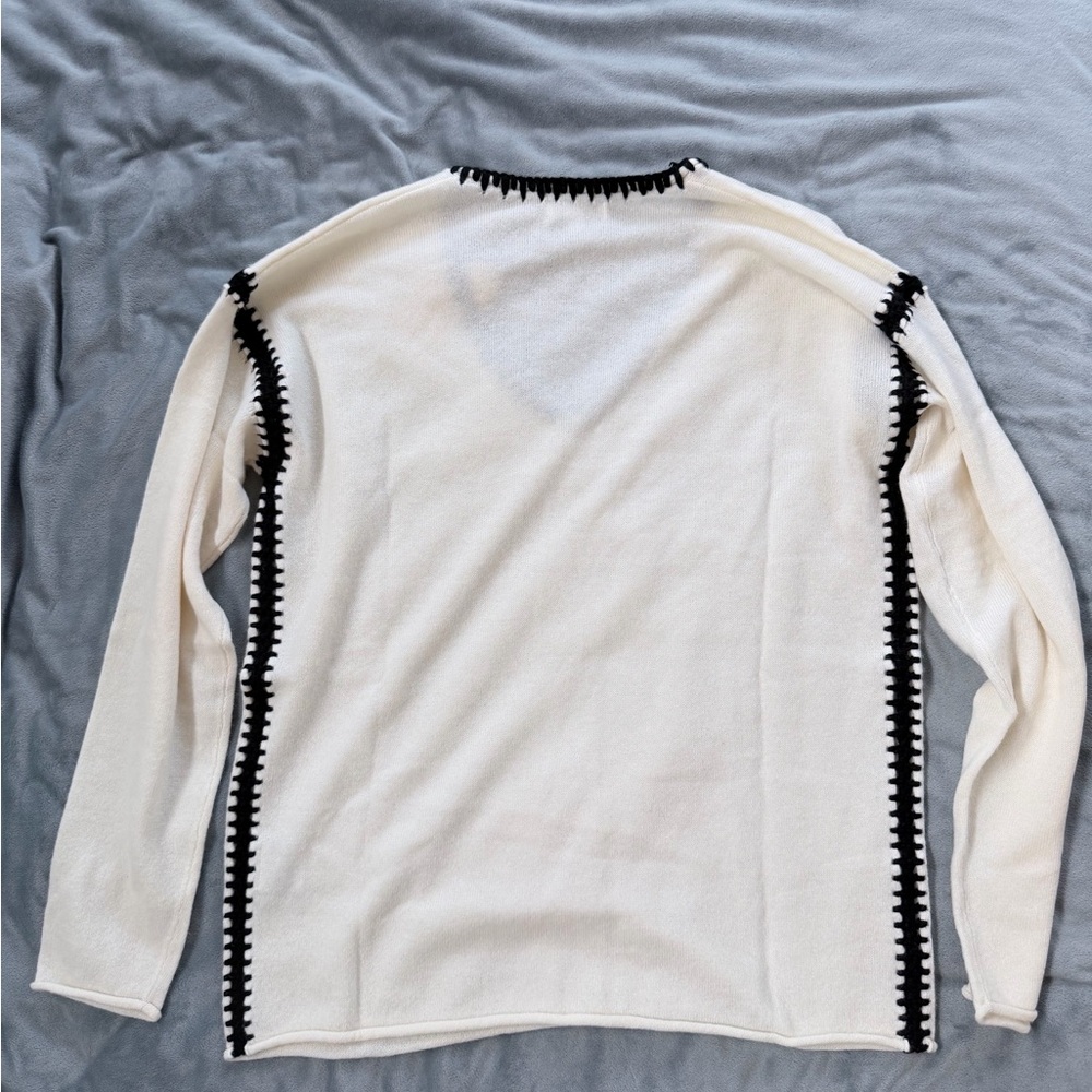 Johnny Was Cream V-Neck Sweater with Black Trim - Picture 5 of 6